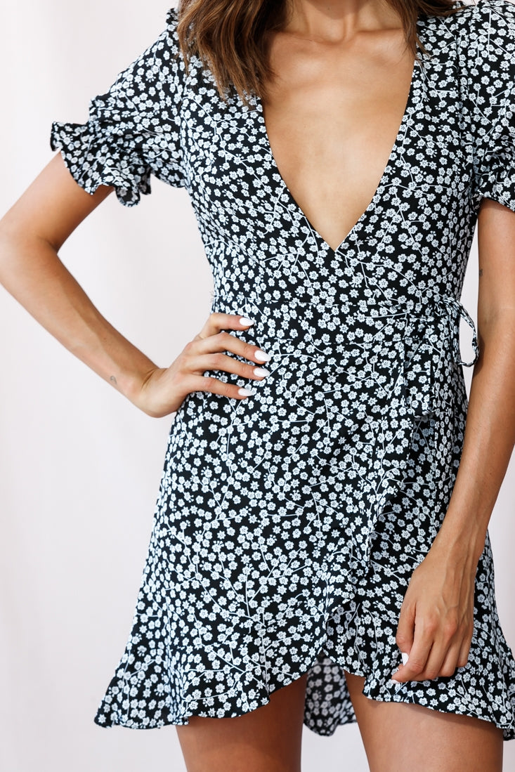 Abigail Wrap Front Puff Sleeve Dress Black by Selfie Leslie
