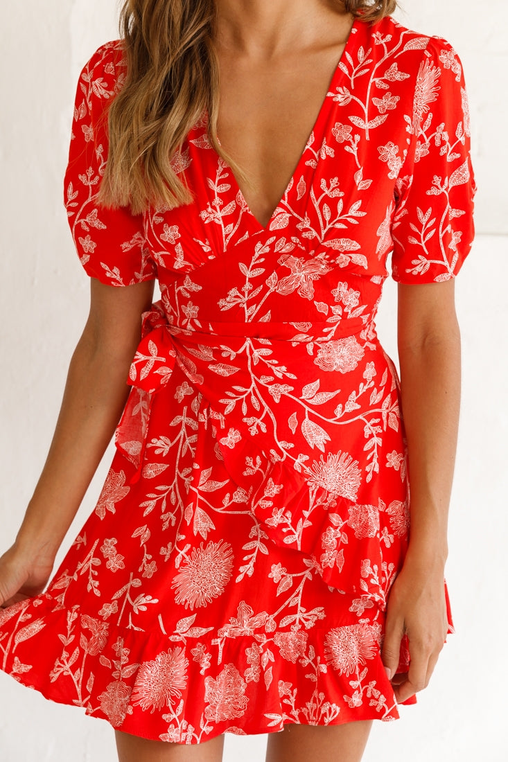 Wonderland Wrap Front Tea Dress Floral Print Red by Selfie Leslie