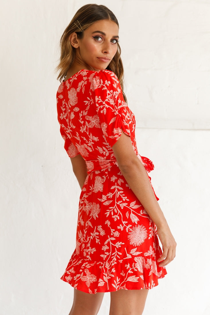 Wonderland Wrap Front Tea Dress Floral Print Red by Selfie Leslie