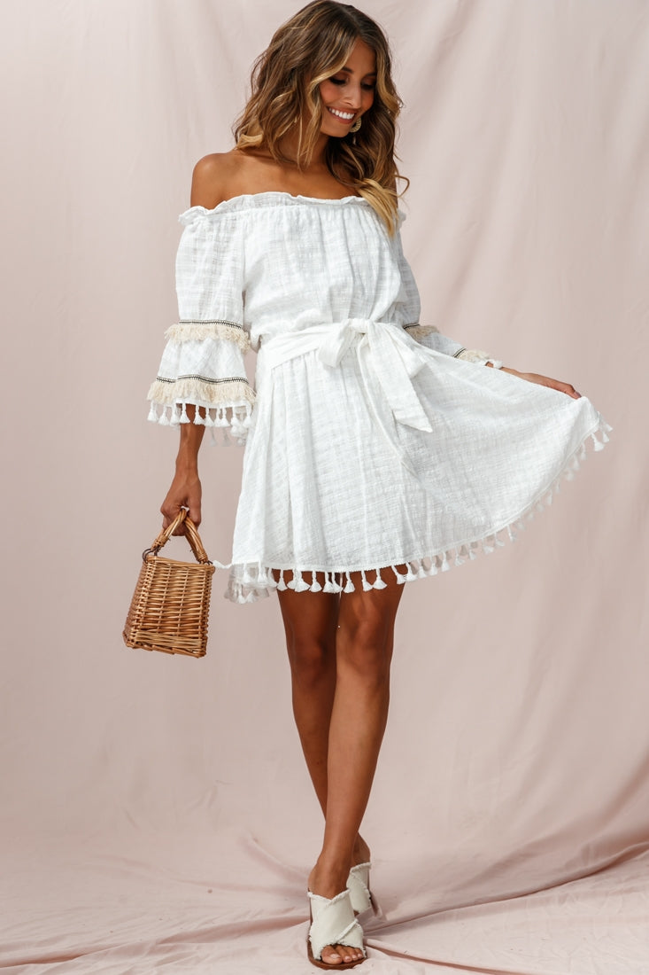 Maya Off-Shoulder Lined Tassel Dress White by Selfie Leslie