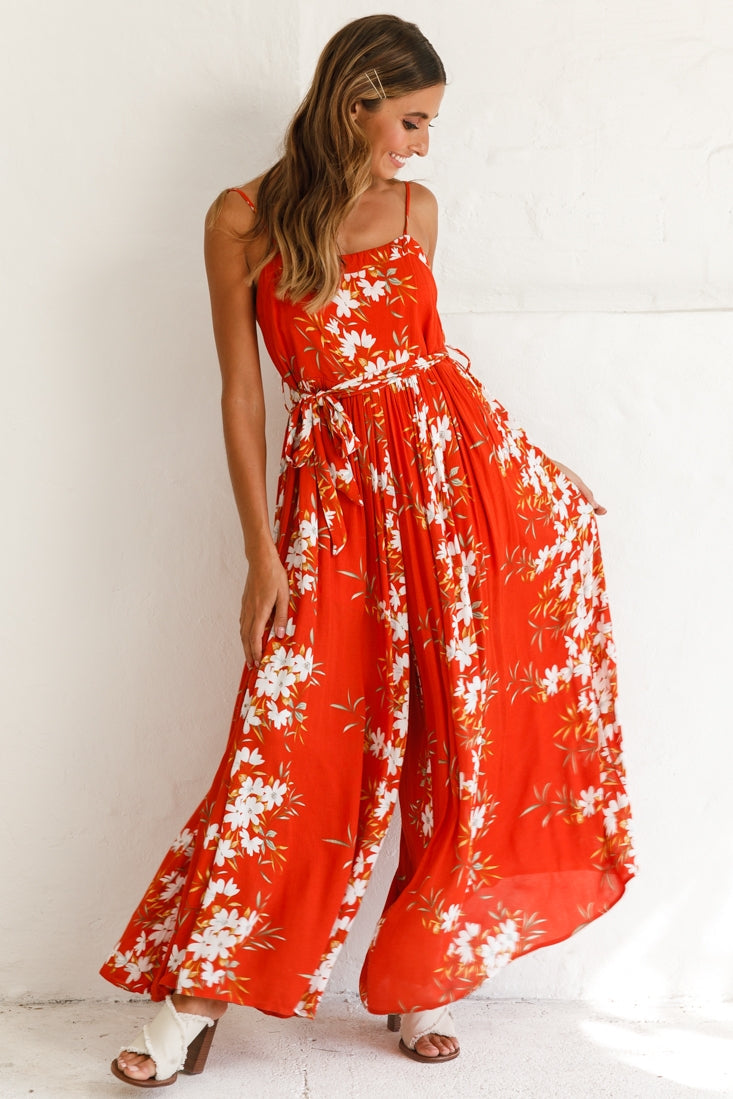 Morgan Square Neckline Wide-Leg Jumpsuit Floral Print Rust by Selfie Leslie