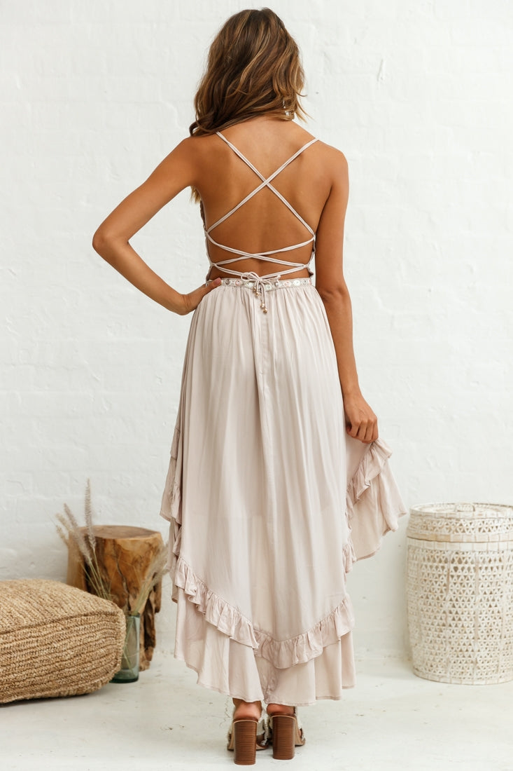 Virgo High-Low Hem Lace-Up Dress Beige by Selfie Leslie
