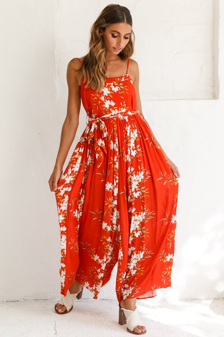 Morgan Square Neckline Wide-Leg Jumpsuit Floral Print Rust by Selfie Leslie