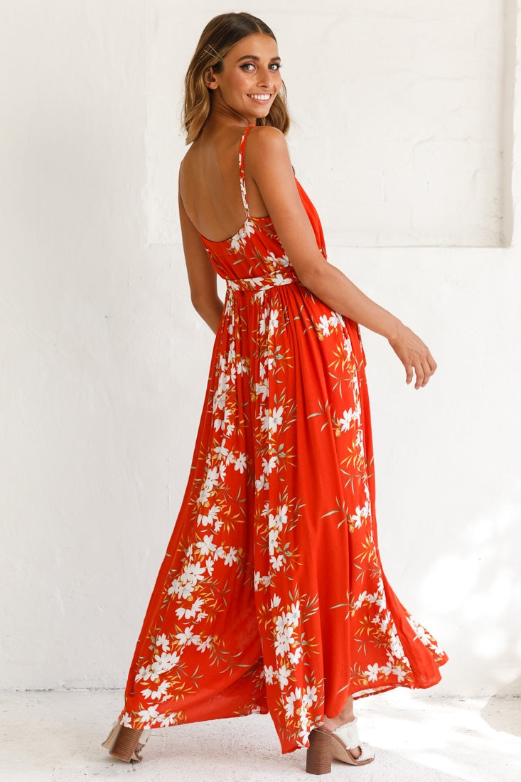 Morgan Square Neckline Wide-Leg Jumpsuit Floral Print Rust by Selfie Leslie