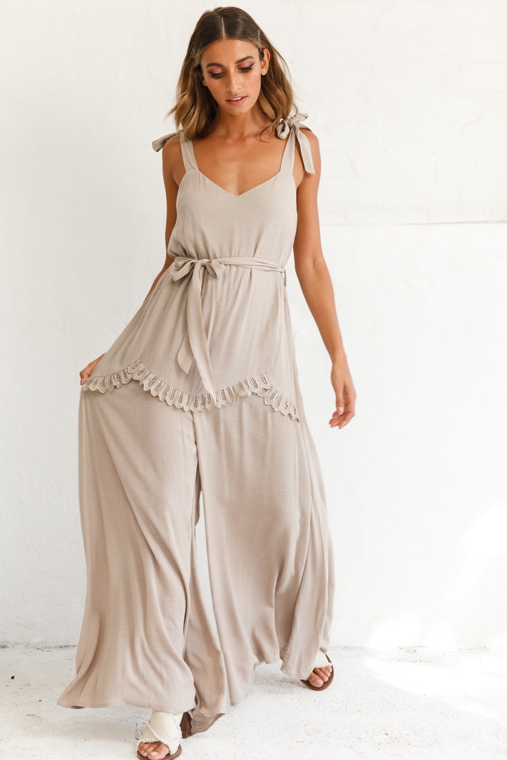 Talitha Tie Strap Wide Leg Jumpsuit Stone by Selfie Leslie