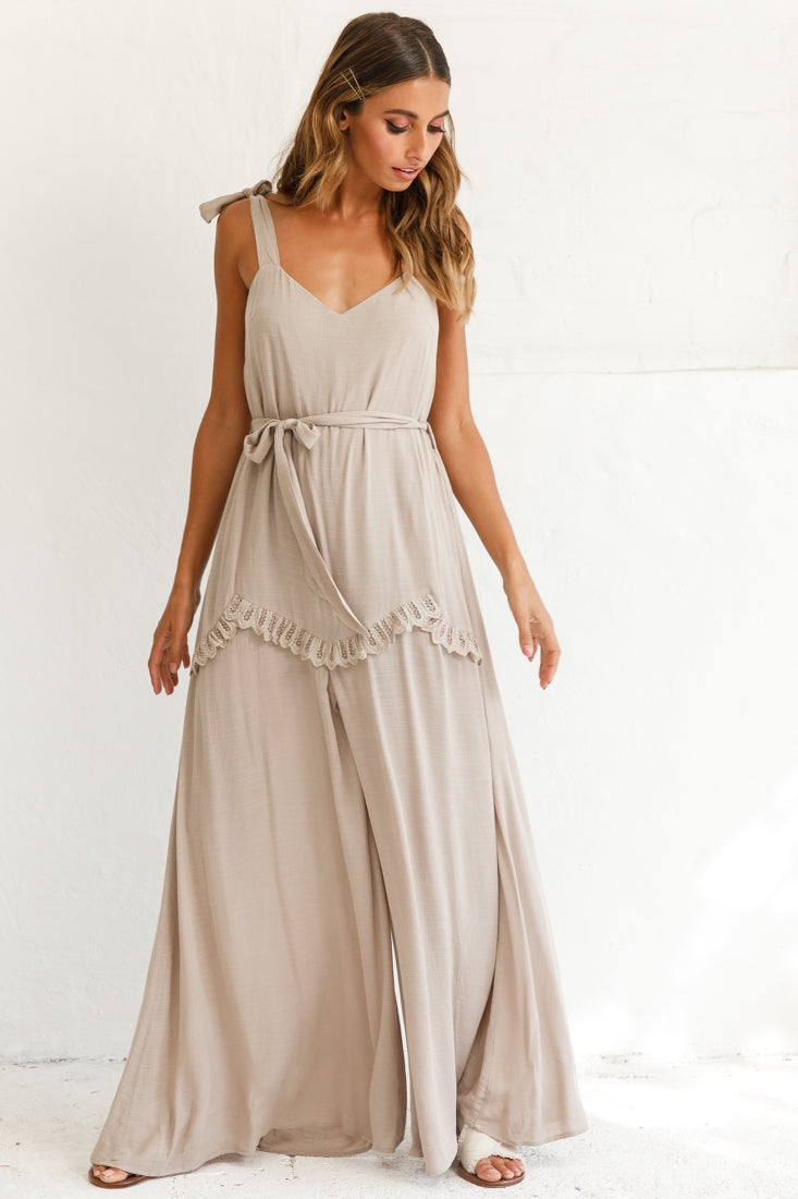Talitha Tie Strap Wide Leg Jumpsuit Stone by Selfie Leslie