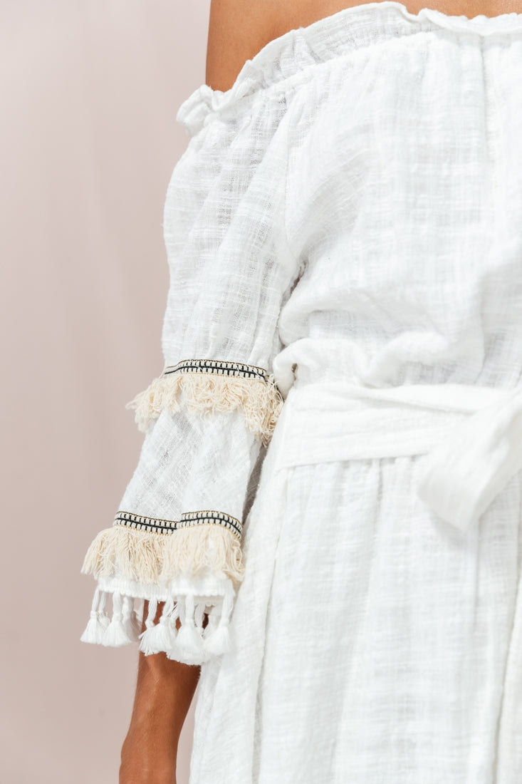 Maya Off-Shoulder Lined Tassel Dress White by Selfie Leslie