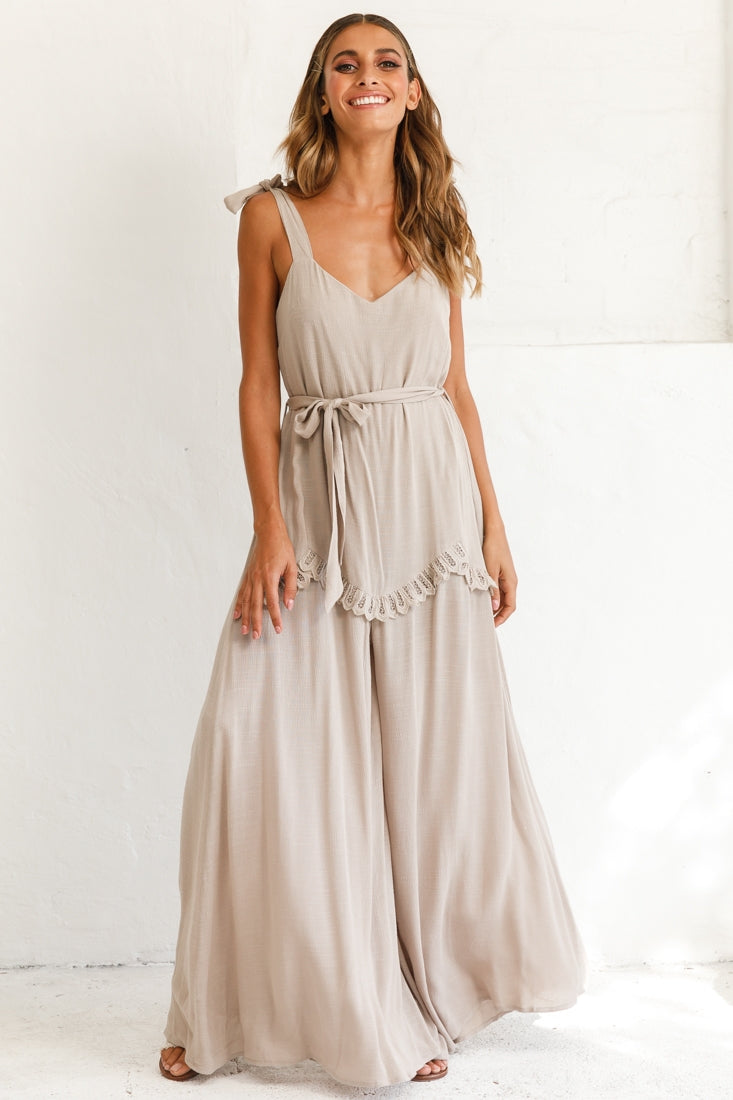 Talitha Tie Strap Wide Leg Jumpsuit Stone by Selfie Leslie