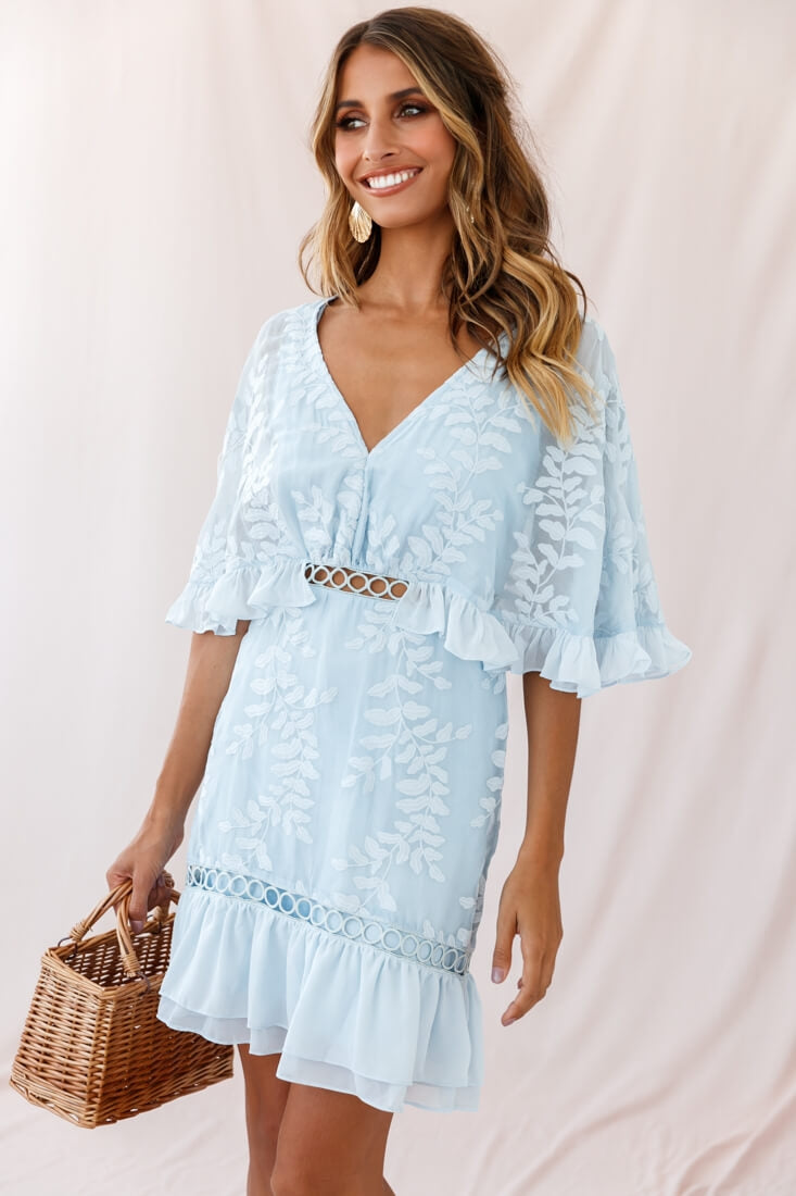 Caspar Leafy Embroidered Dress Baby Blue Tall by Selfie Leslie