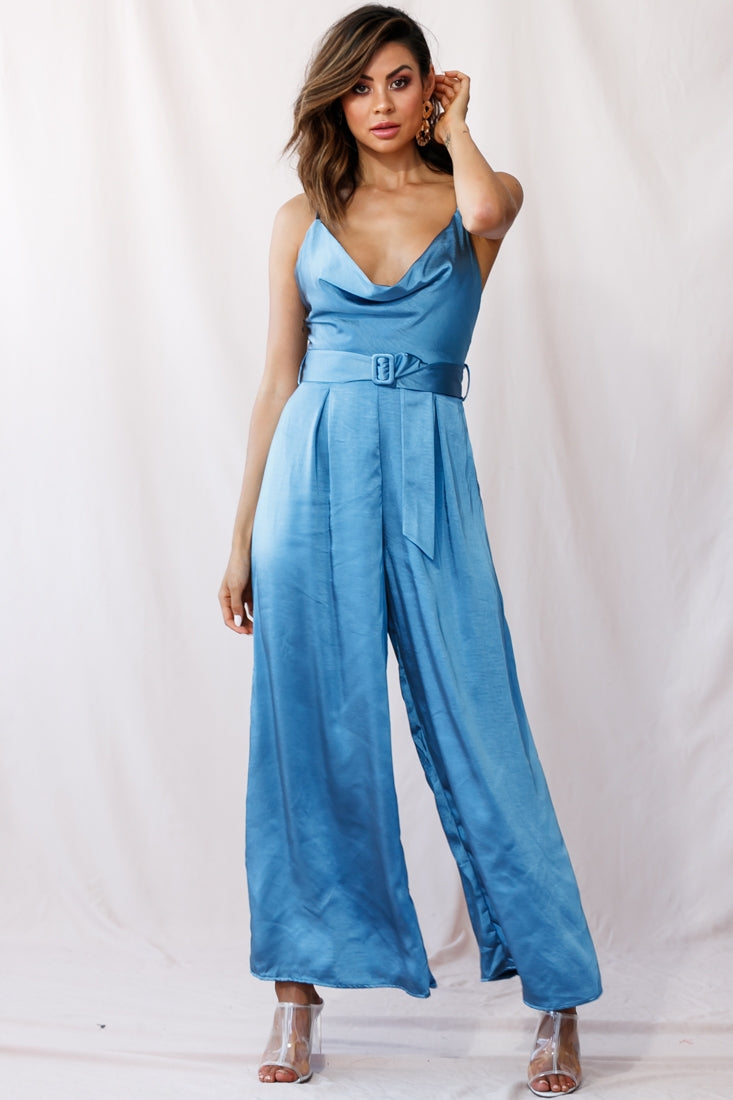 Mali Wide Leg Belted Jumpsuit Midnight Blue by Selfie Leslie
