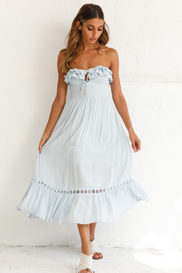 Daydream Shirred Bust Frill Trim Maxi Dress Ice Blue by Selfie Leslie