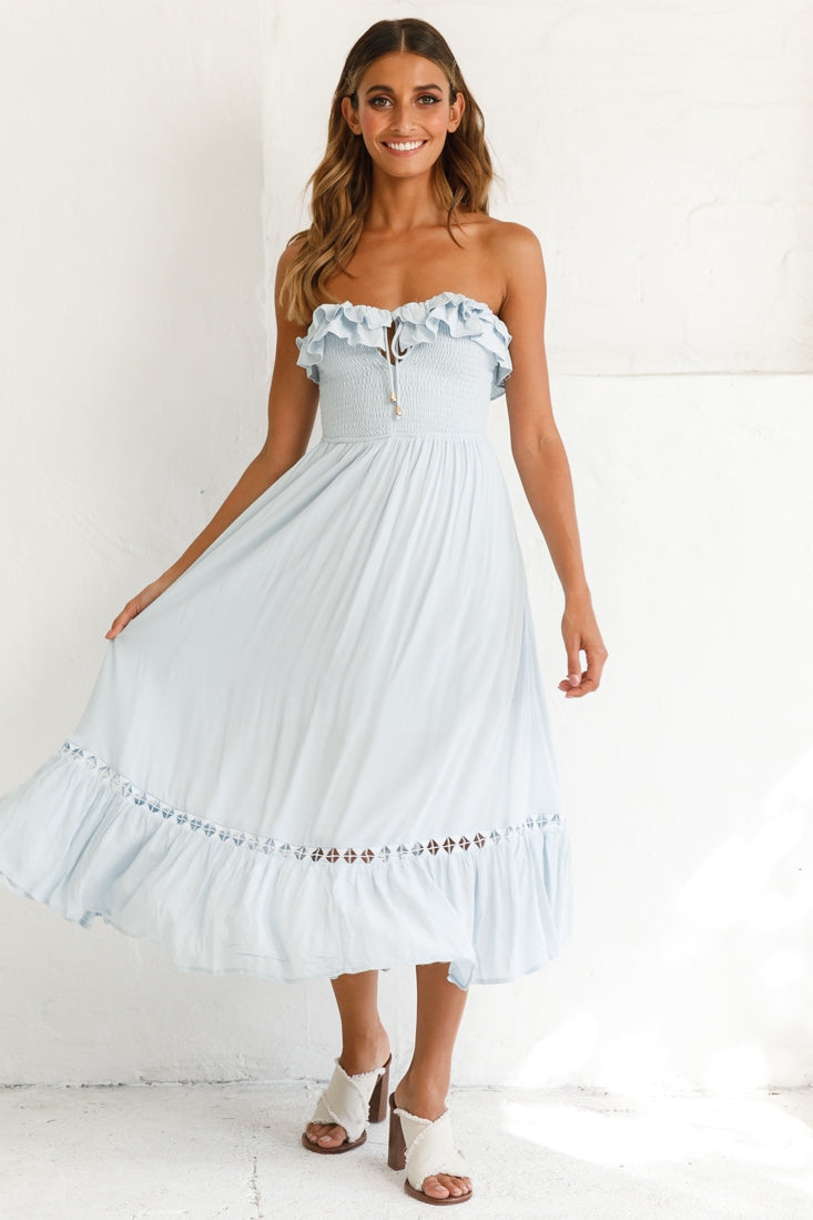Daydream Shirred Bust Frill Trim Maxi Dress Ice Blue by Selfie Leslie