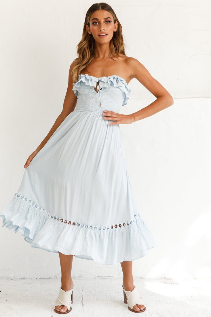 Daydream Shirred Bust Frill Trim Maxi Dress Ice Blue by Selfie Leslie