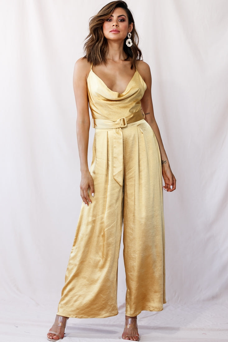 Mali Wide Leg Belted Jumpsuit Mustard by Selfie Leslie