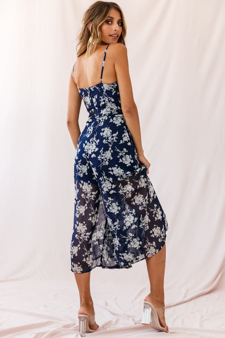 Constance Thin Strap Midi Jumpsuit Navy/White Flower by Selfie Leslie