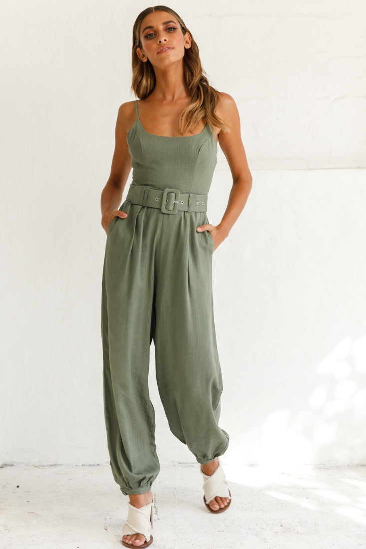 Santa Barbara Cuffed Hem Belted Jumpsuit Olive by Selfie Leslie