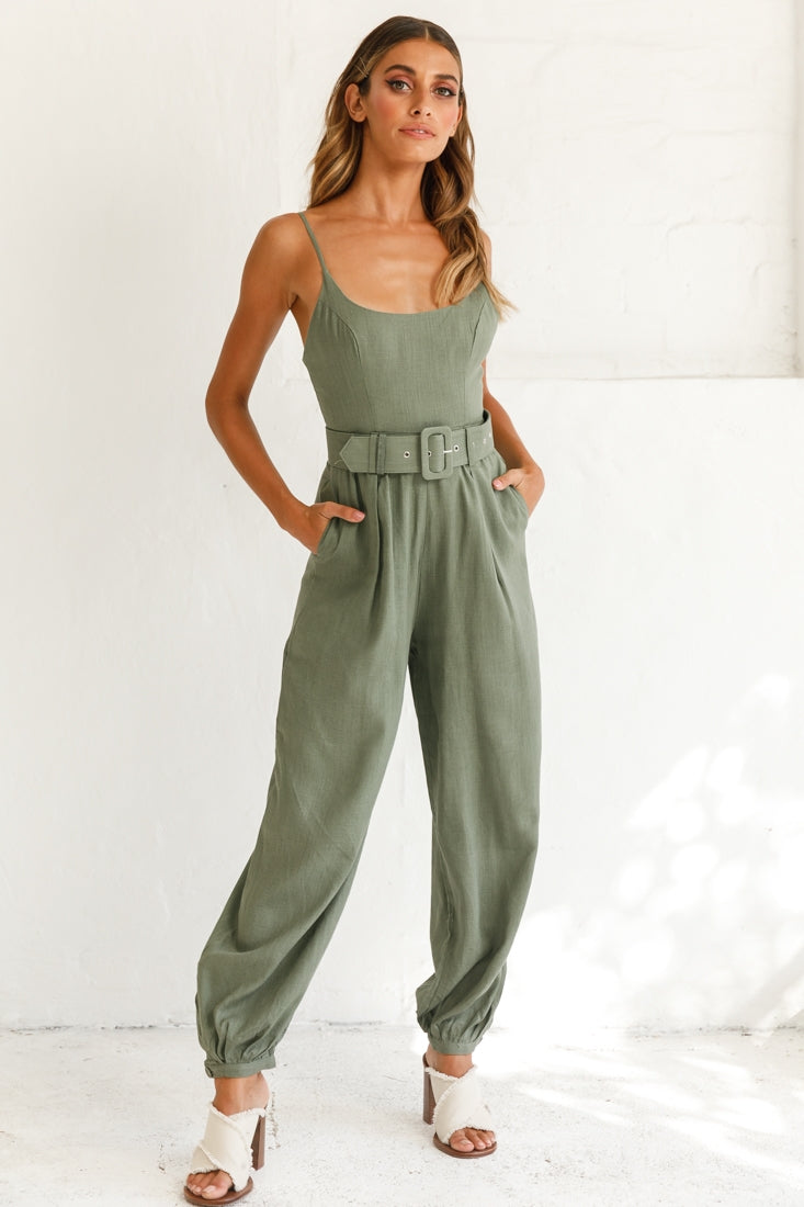 Santa Barbara Cuffed Hem Belted Jumpsuit Olive by Selfie Leslie