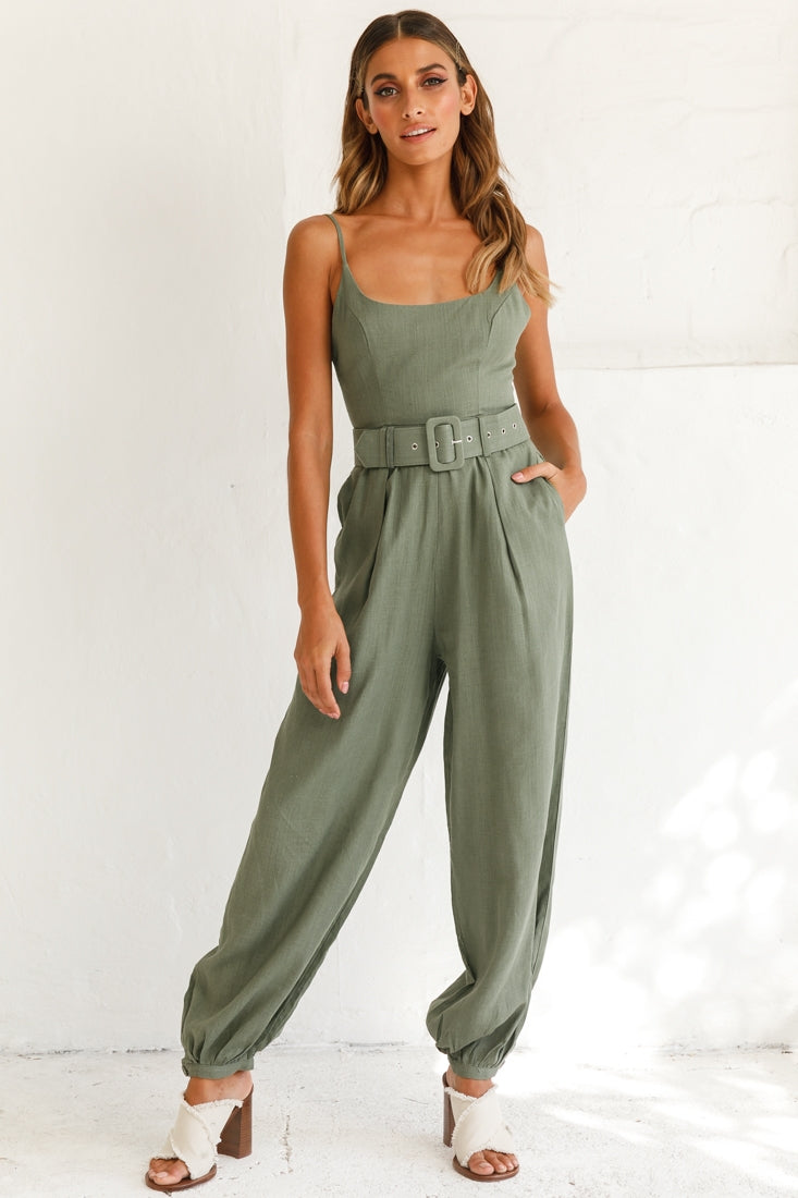 Santa Barbara Cuffed Hem Belted Jumpsuit Olive by Selfie Leslie