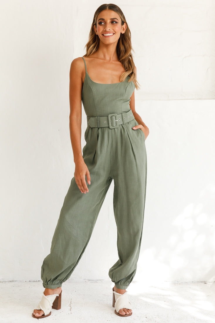 Santa Barbara Cuffed Hem Belted Jumpsuit Olive by Selfie Leslie