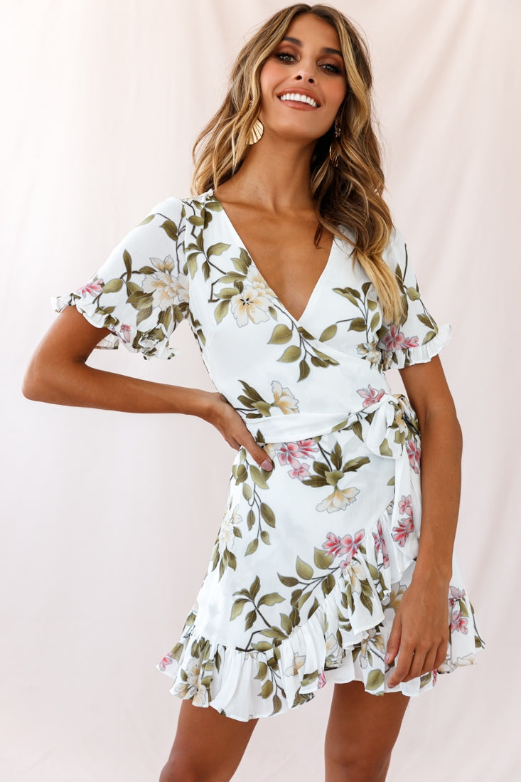 Omara Floral Wrap Ruffle Trim Dress White by Selfie Leslie