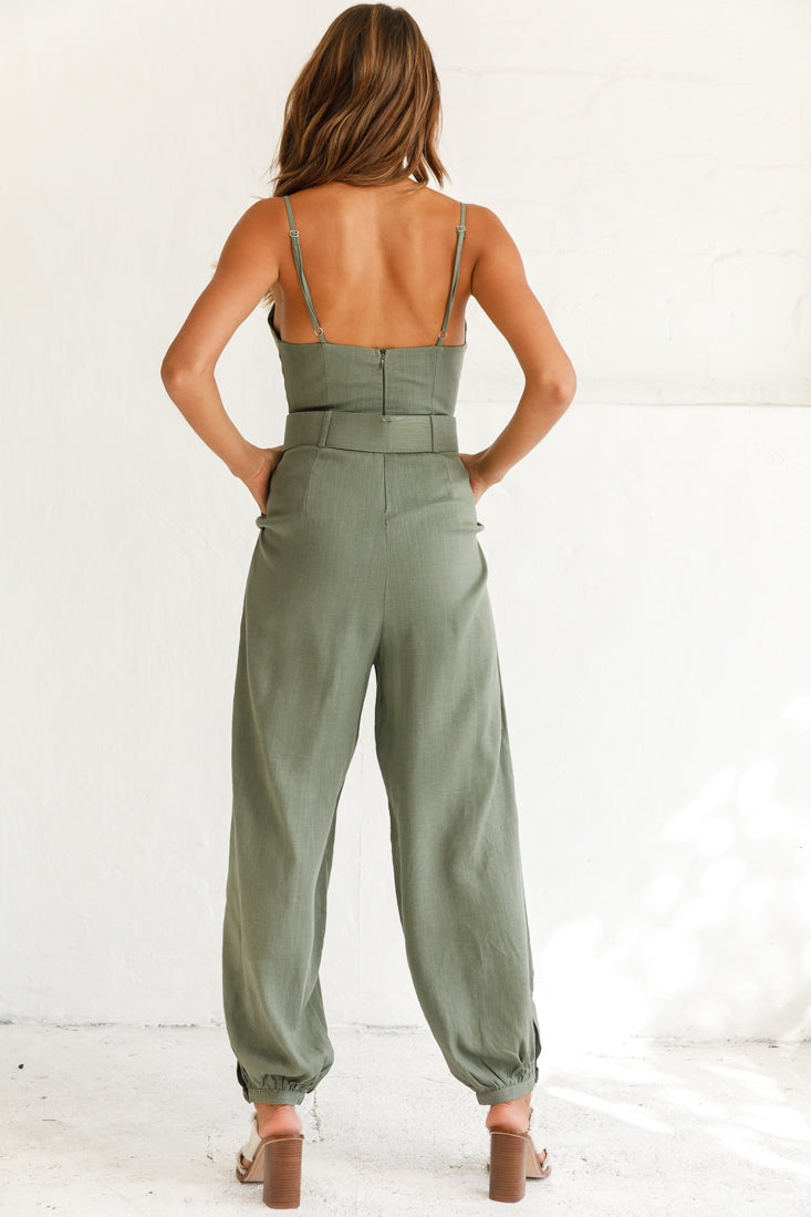 Santa Barbara Cuffed Hem Belted Jumpsuit Olive by Selfie Leslie