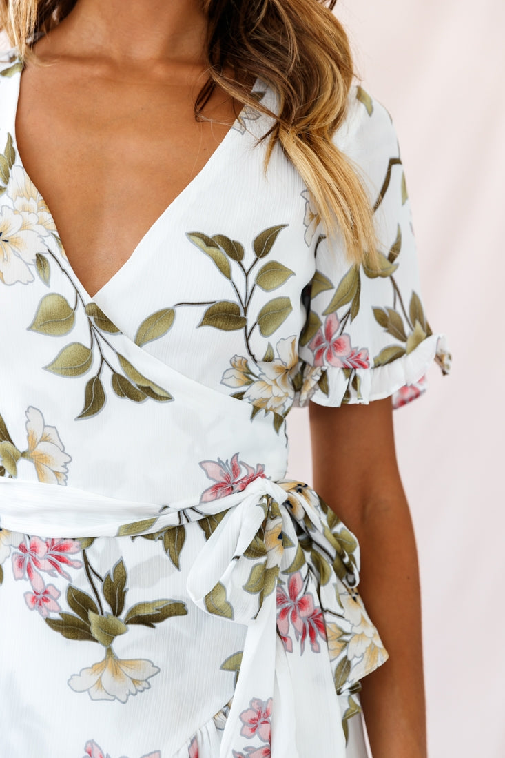 Omara Floral Wrap Ruffle Trim Dress White by Selfie Leslie