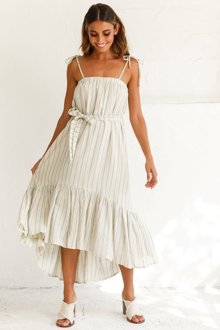 Golden Days Tied-Shoulder Midi Dress Stripe Pattern Olive by Selfie Leslie