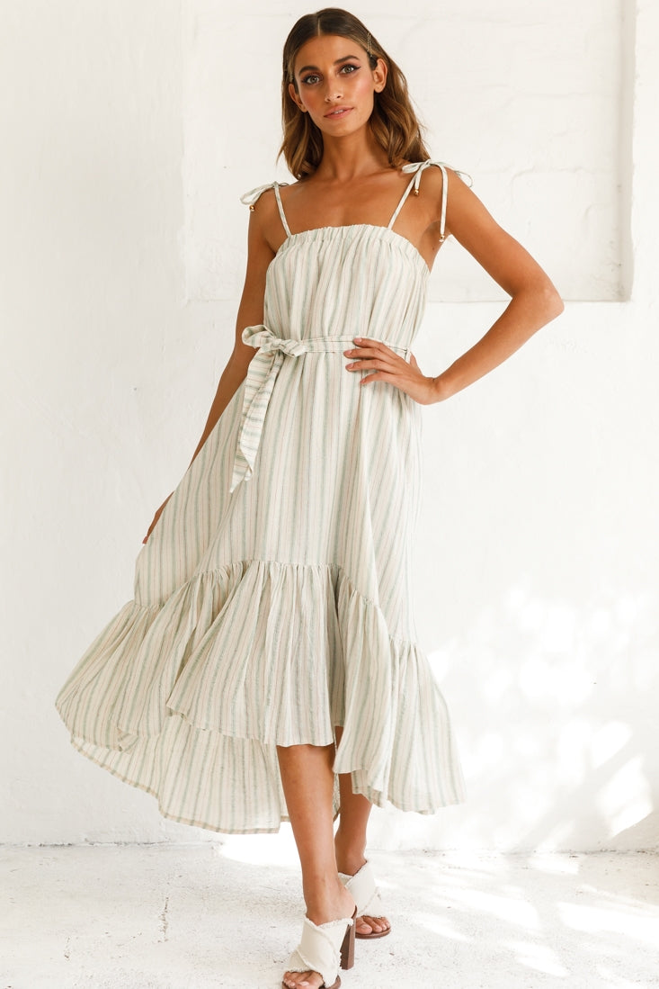 Golden Days Tied-Shoulder Midi Dress Stripe Pattern Olive by Selfie Leslie