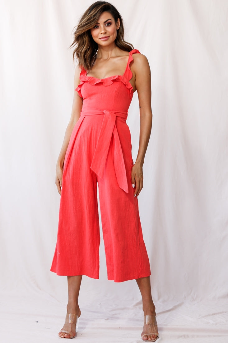 Kaia Ruffle Strap Wide-Leg Capri Jumpsuit Red by Selfie Leslie