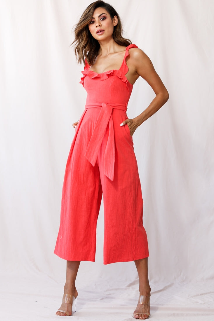 Kaia Ruffle Strap Wide-Leg Capri Jumpsuit Red by Selfie Leslie