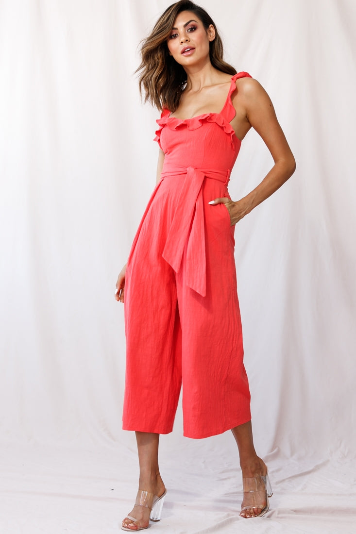 Kaia Ruffle Strap Wide-Leg Capri Jumpsuit Red by Selfie Leslie