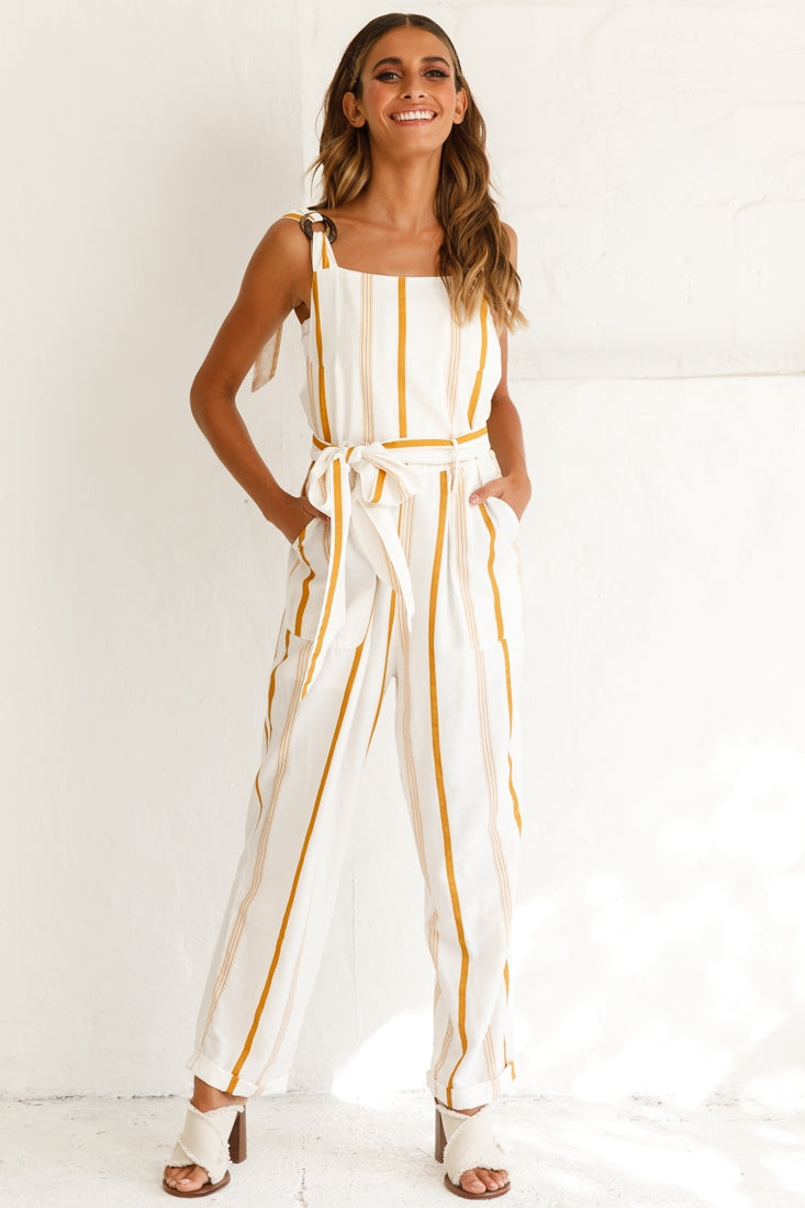Fresno Straight Leg Pinafore Jumpsuit Stripe Print Mustard by Selfie Leslie
