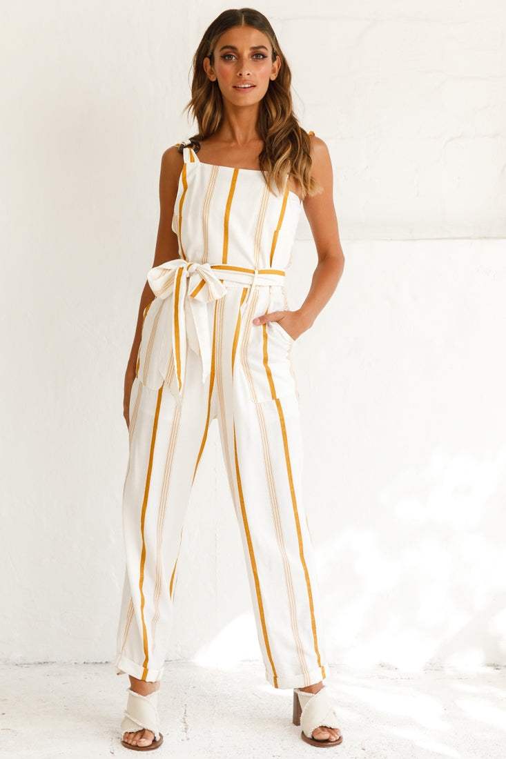 Fresno Straight Leg Pinafore Jumpsuit Stripe Print Mustard by Selfie Leslie