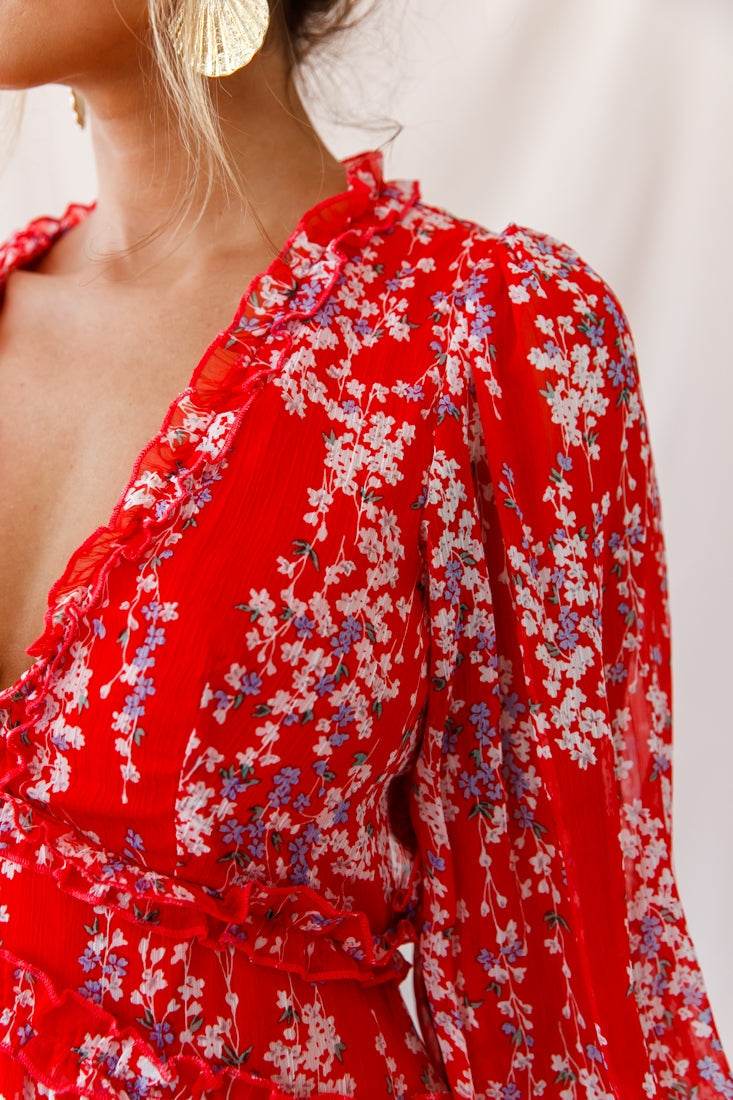 Laney Cutout Back Ruffle Detail Floral Dress Red by Selfie Leslie