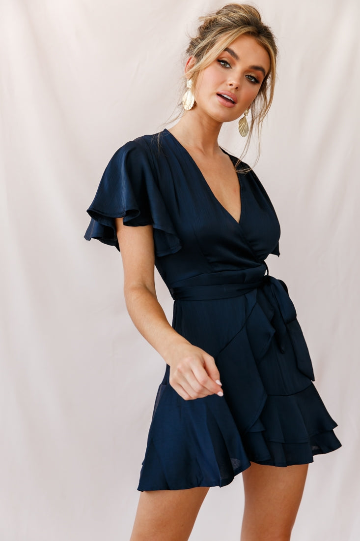 Cami Angel Sleeve Faux Wrap Dress Navy by Selfie Leslie