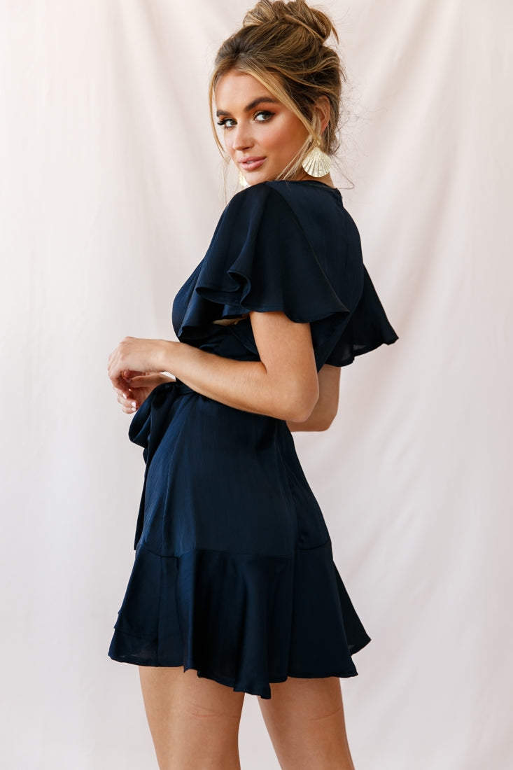 Cami Angel Sleeve Faux Wrap Dress Navy by Selfie Leslie