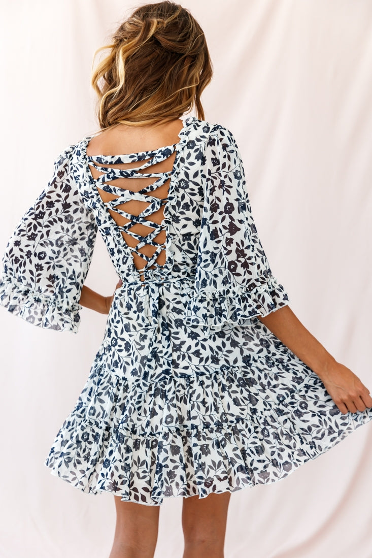 Maryanne Lace-Up Back Tea Dress Navy by Selfie Leslie