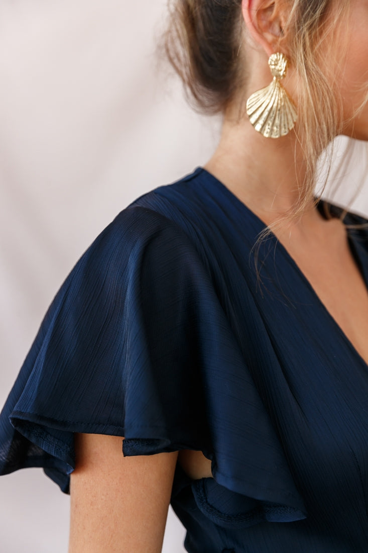 Cami Angel Sleeve Faux Wrap Dress Navy by Selfie Leslie