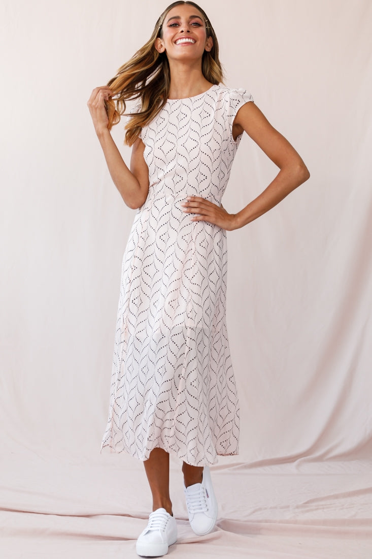 Becky Cap Sleeve Crew Neck Midi Dress Dot Print Blush by Selfie Leslie
