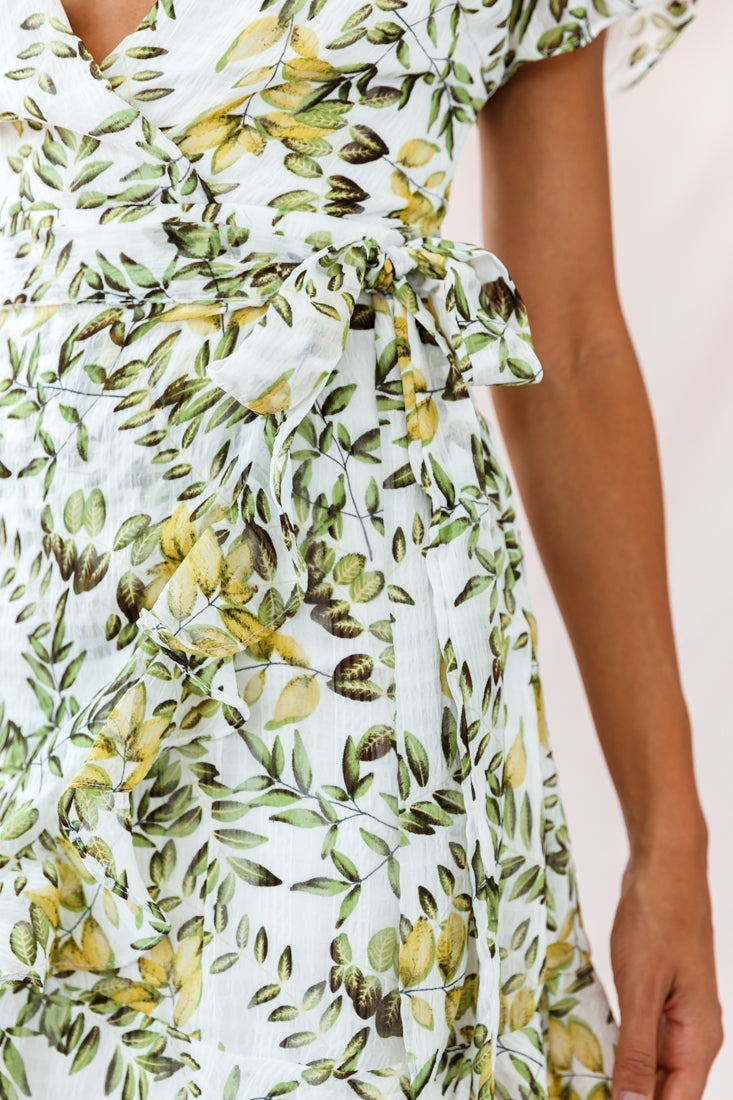 Tuesday V-Neck Wrap Leafy Print Romper White by Selfie Leslie