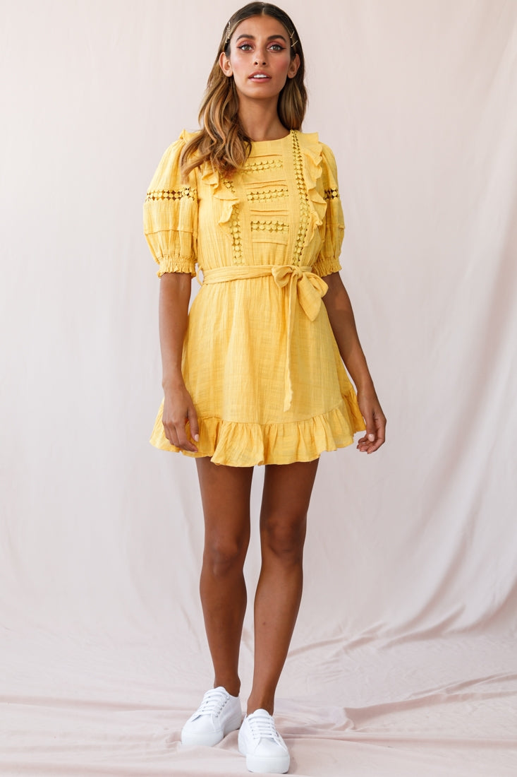 Delia Puff Sleeve Crochet Detail Dress Mustard by Selfie Leslie