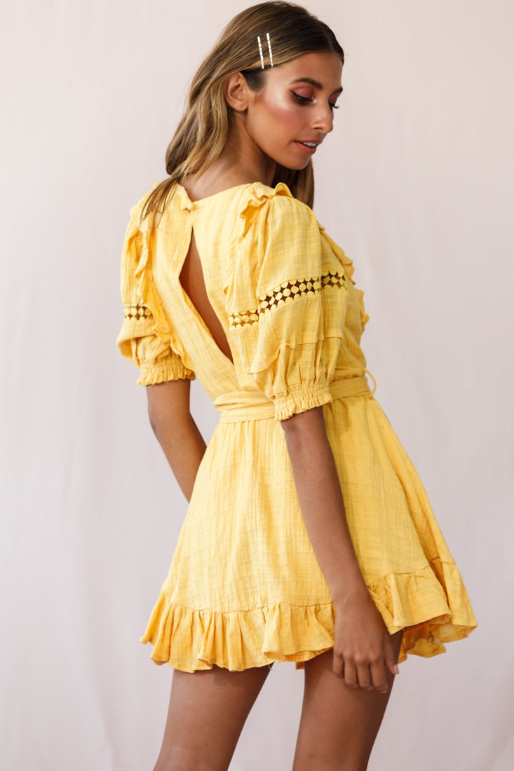 Delia Puff Sleeve Crochet Detail Dress Mustard by Selfie Leslie