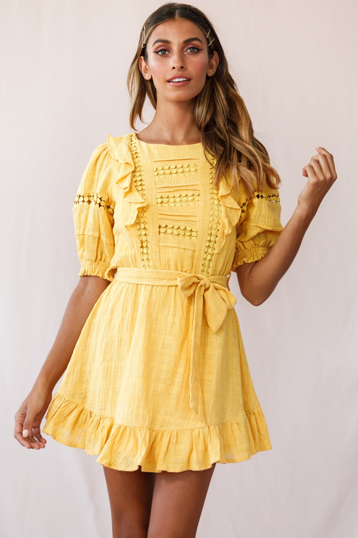 Delia Puff Sleeve Crochet Detail Dress Mustard by Selfie Leslie