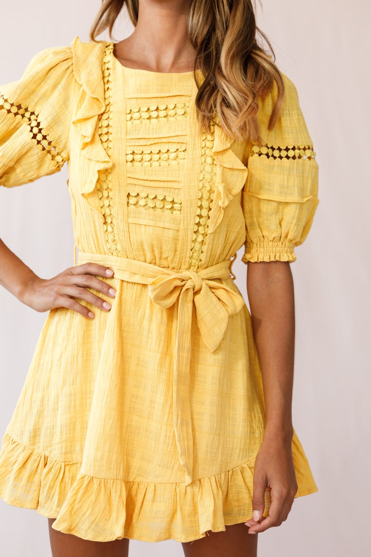 Delia Puff Sleeve Crochet Detail Dress Mustard by Selfie Leslie