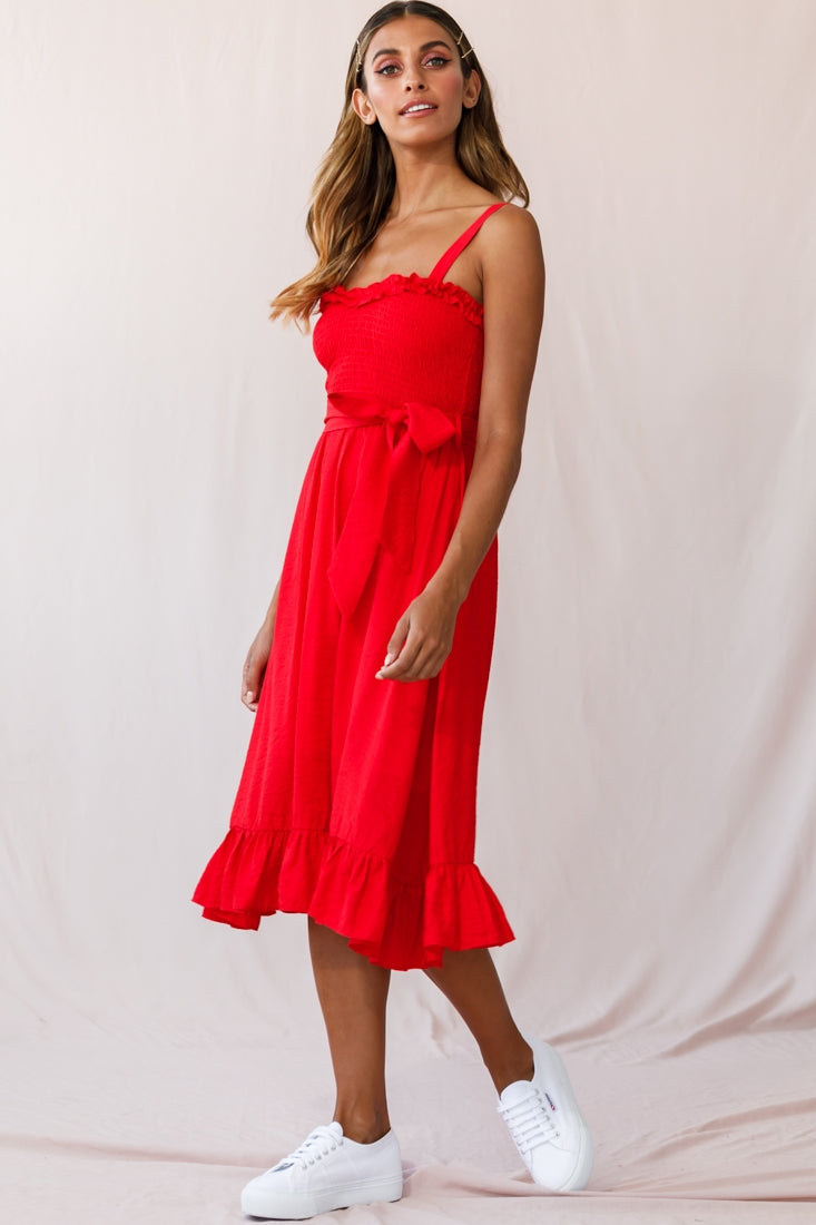 Honey Shirred Frill Midi Dress Red by Selfie Leslie