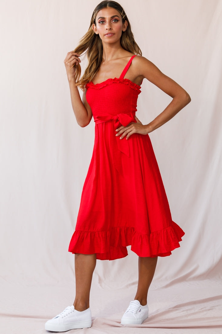 Honey Shirred Frill Midi Dress Red by Selfie Leslie