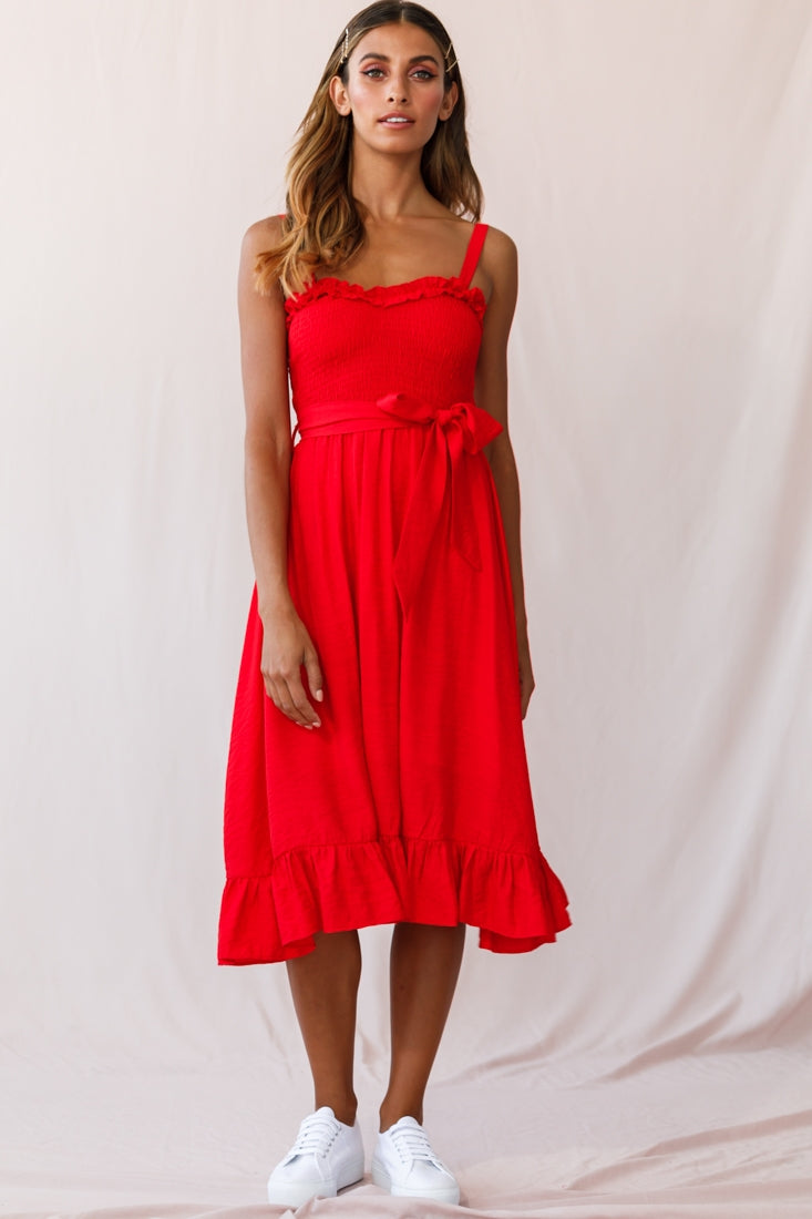 Honey Shirred Frill Midi Dress Red by Selfie Leslie