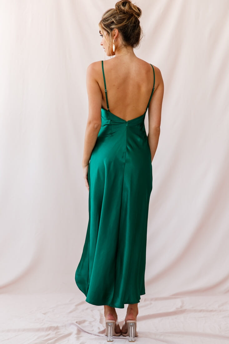 Hey Girl Long Satin Cowl Neck Dress Forest Green by Selfie Leslie