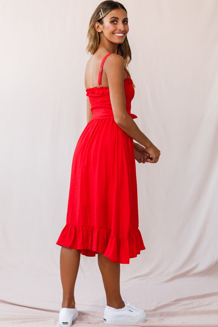 Honey Shirred Frill Midi Dress Red by Selfie Leslie
