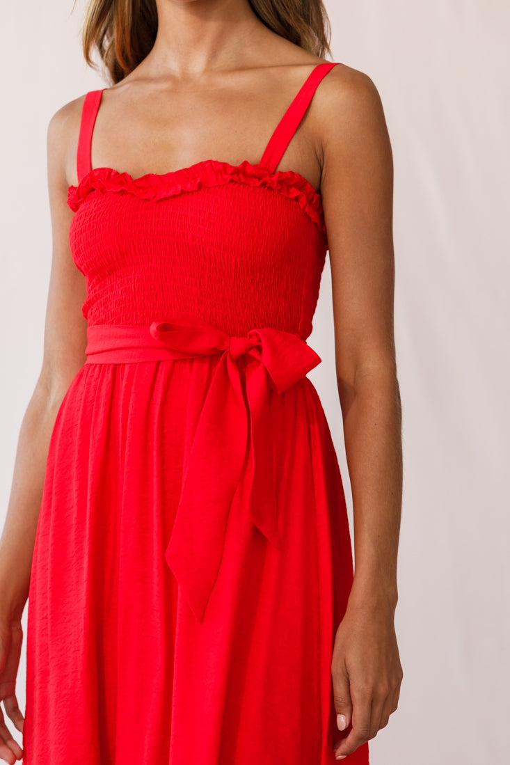 Honey Shirred Frill Midi Dress Red by Selfie Leslie